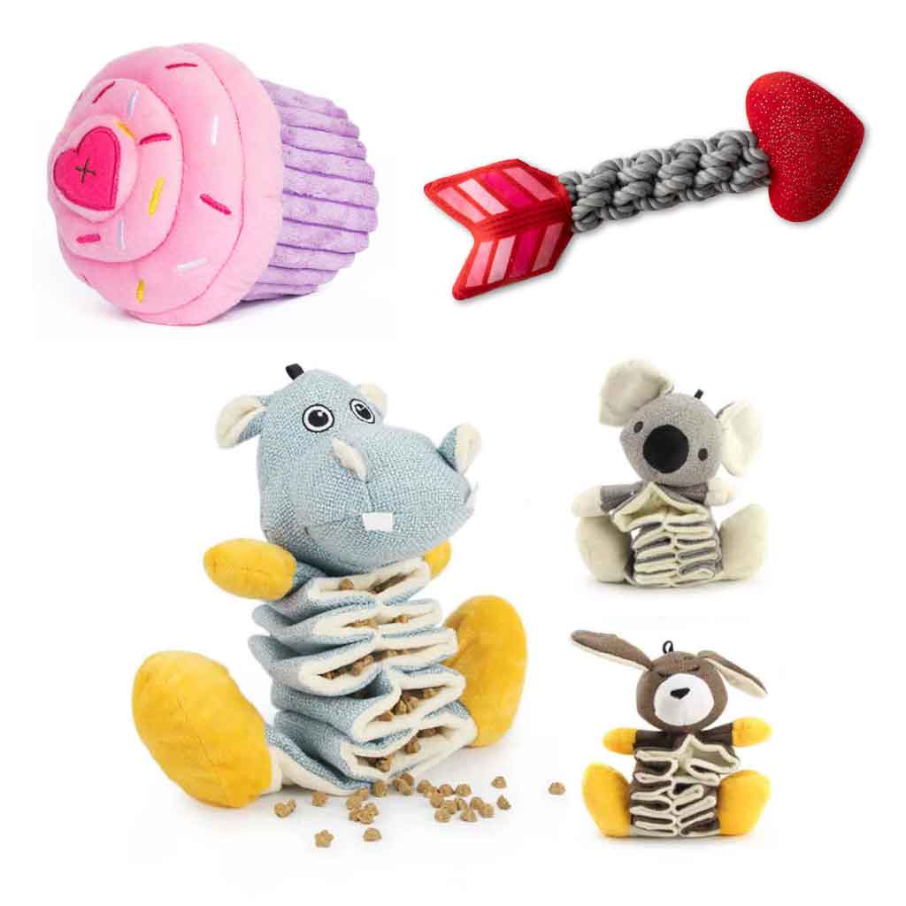 Plush dog toys. Rope dog toys. Enrichment dog toys