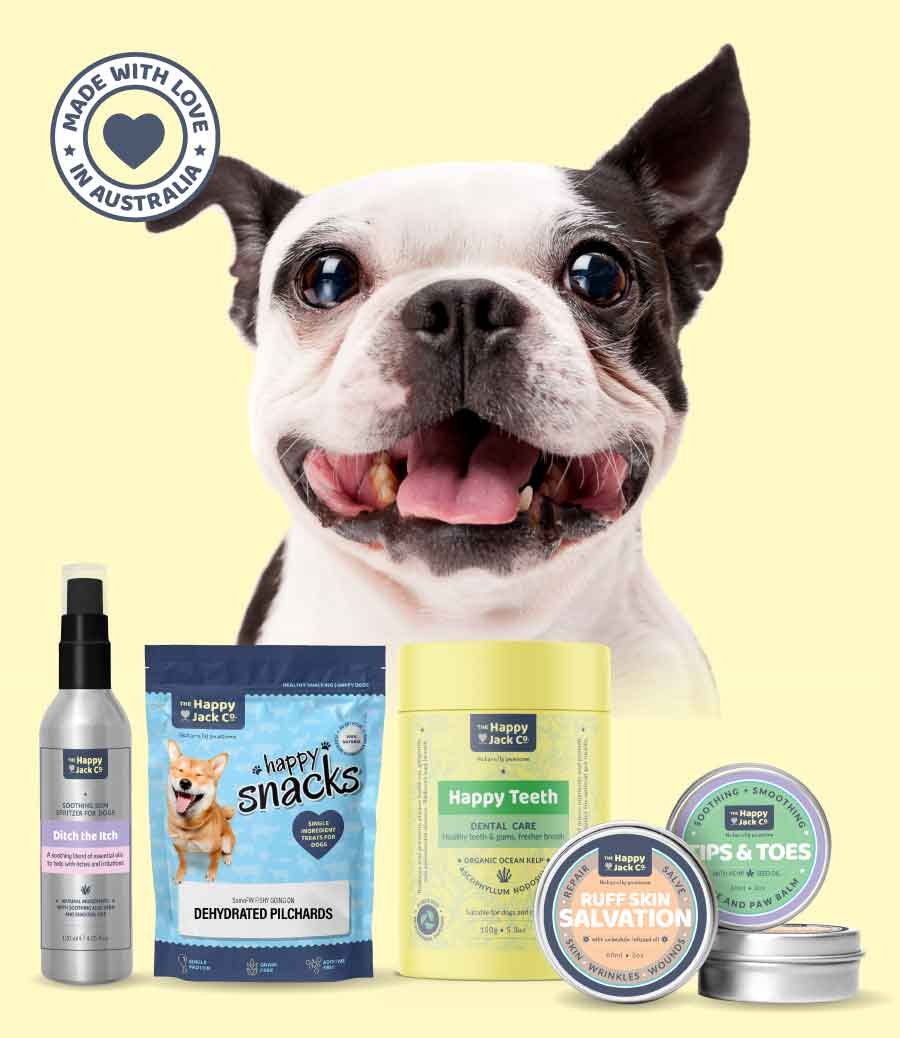Natural Dog Care supplies. The Happy Jack Co. Made with love in Australia